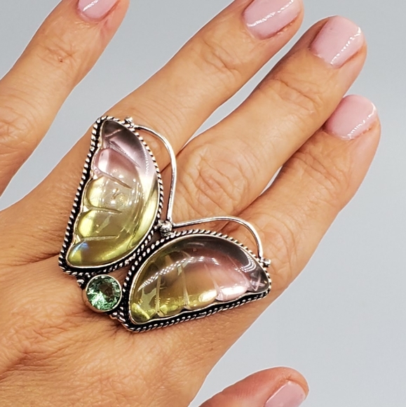 Natural Ametrine Stone Butterfly 925 Silver Ring - Picture 5 of 7